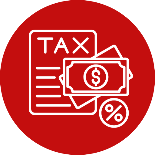 Icon of tax documents with dollar bills and a percentage symbol on a red background.