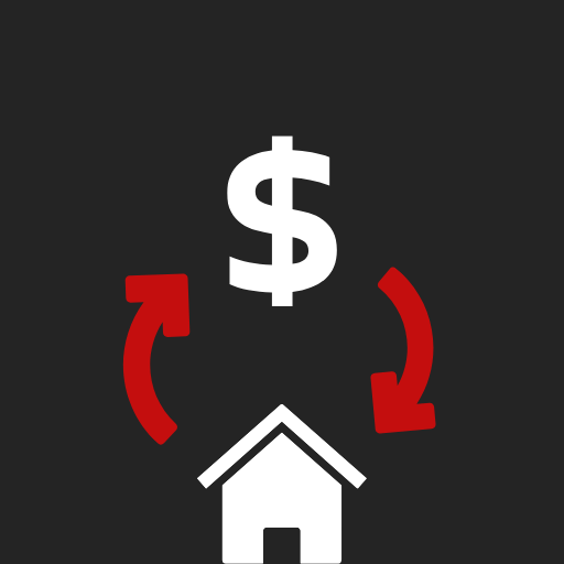 Icon illustrating home refinancing with a dollar sign and two red arrows forming a circular motion.