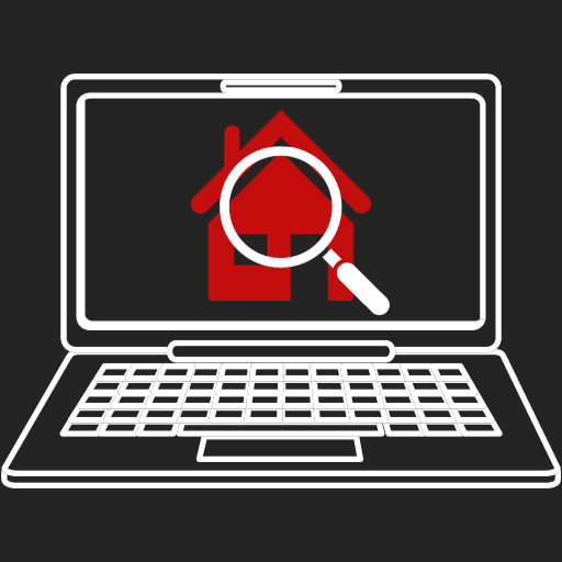 Laptop screen displaying a house icon with a magnifying glass over it, symbolizing home search or online real estate investigation.