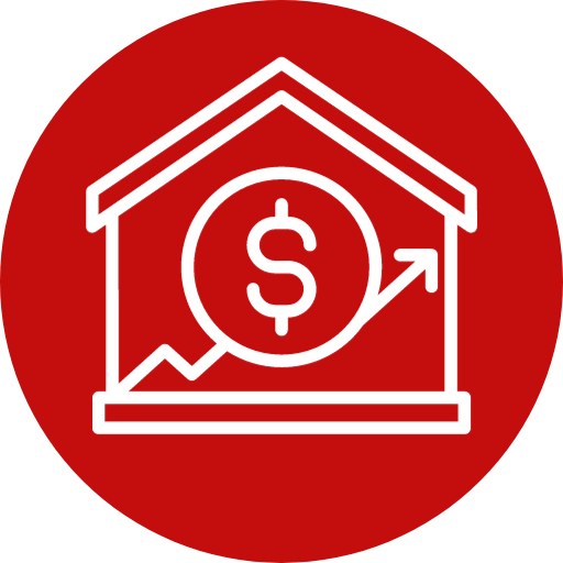 Icon of a house with a dollar sign inside and an upward trending arrow, set against a red circular background.
