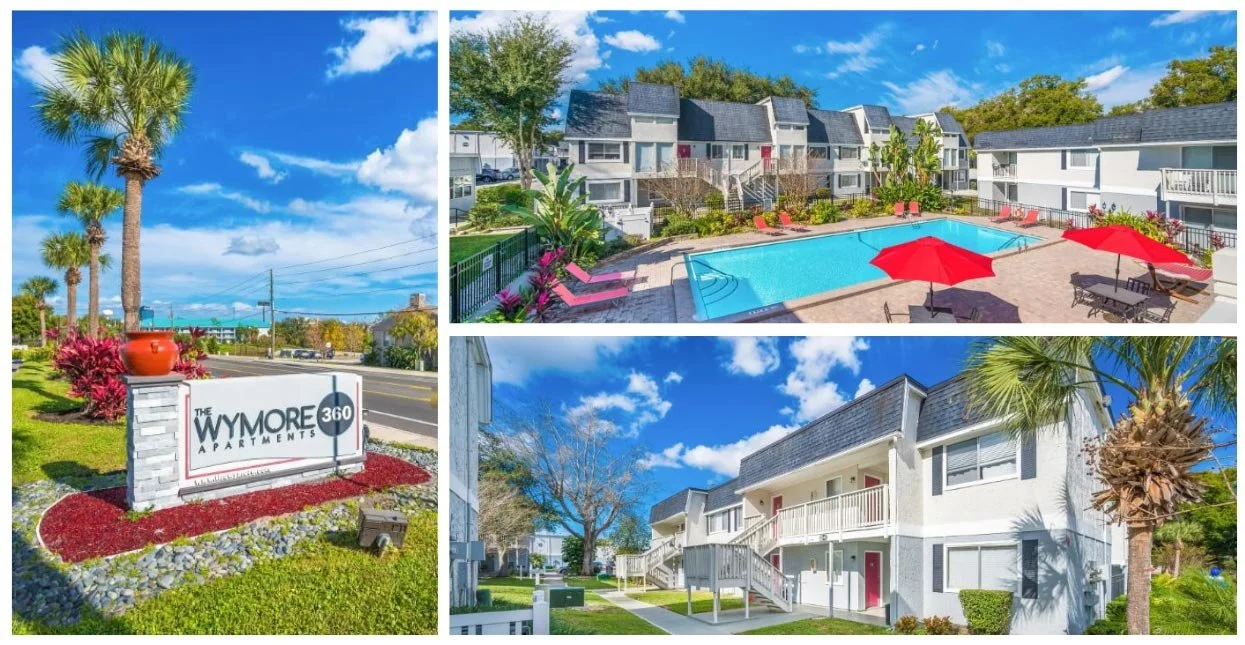 Photos of The Wymore 360 apartments, including a landscaped sign area with palm trees and colorful plants, a swimming pool with red umbrellas and lounge chairs, and exterior views of multi-story apartment buildings with balconies and well-maintained lawns.
