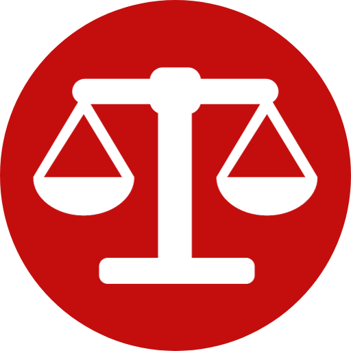 Icon of balanced scales on a red circular background.