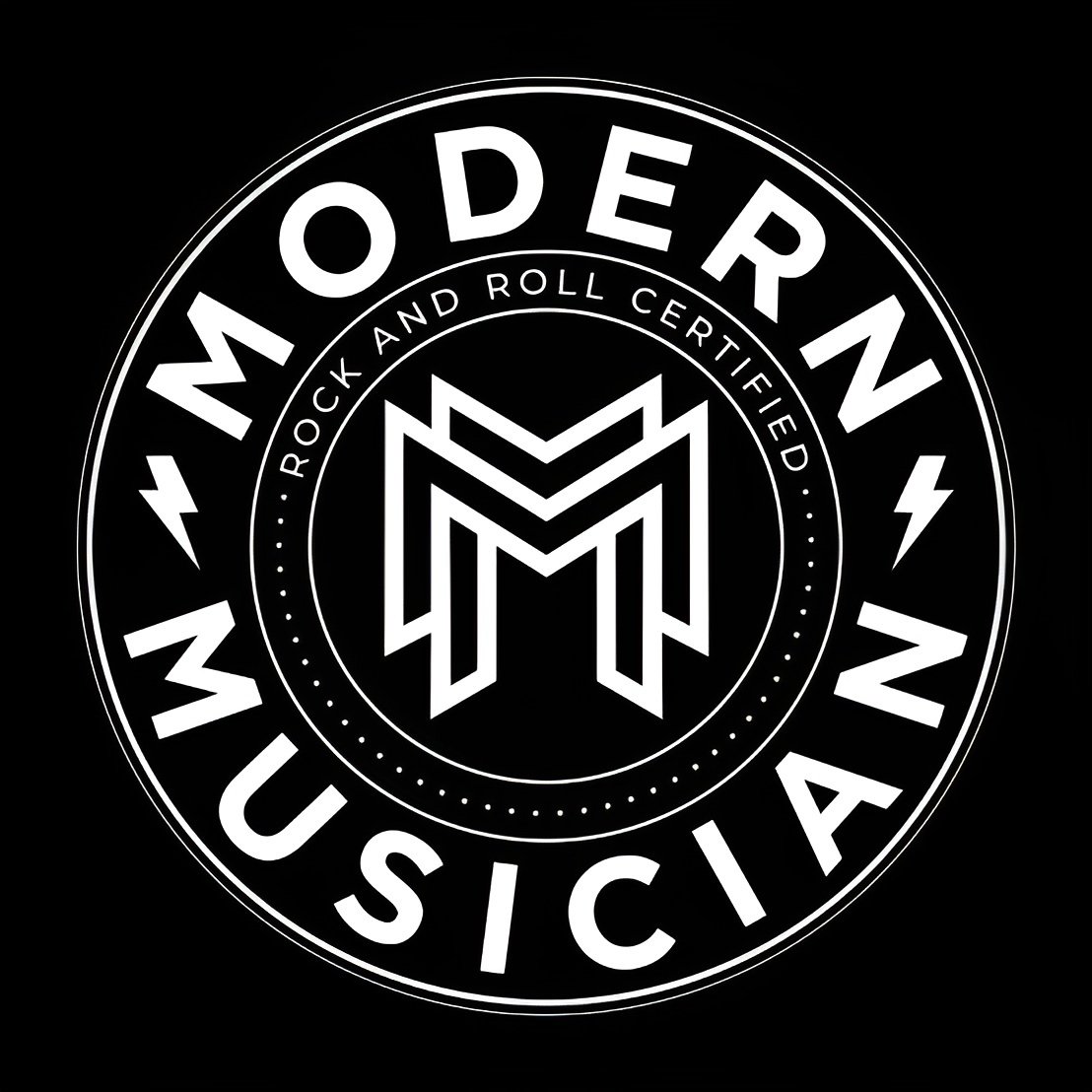 Black circular logo with the words 'Modern Music' and 'Rock and Roll Certified' surrounding a stylized 'M' symbol in the center.