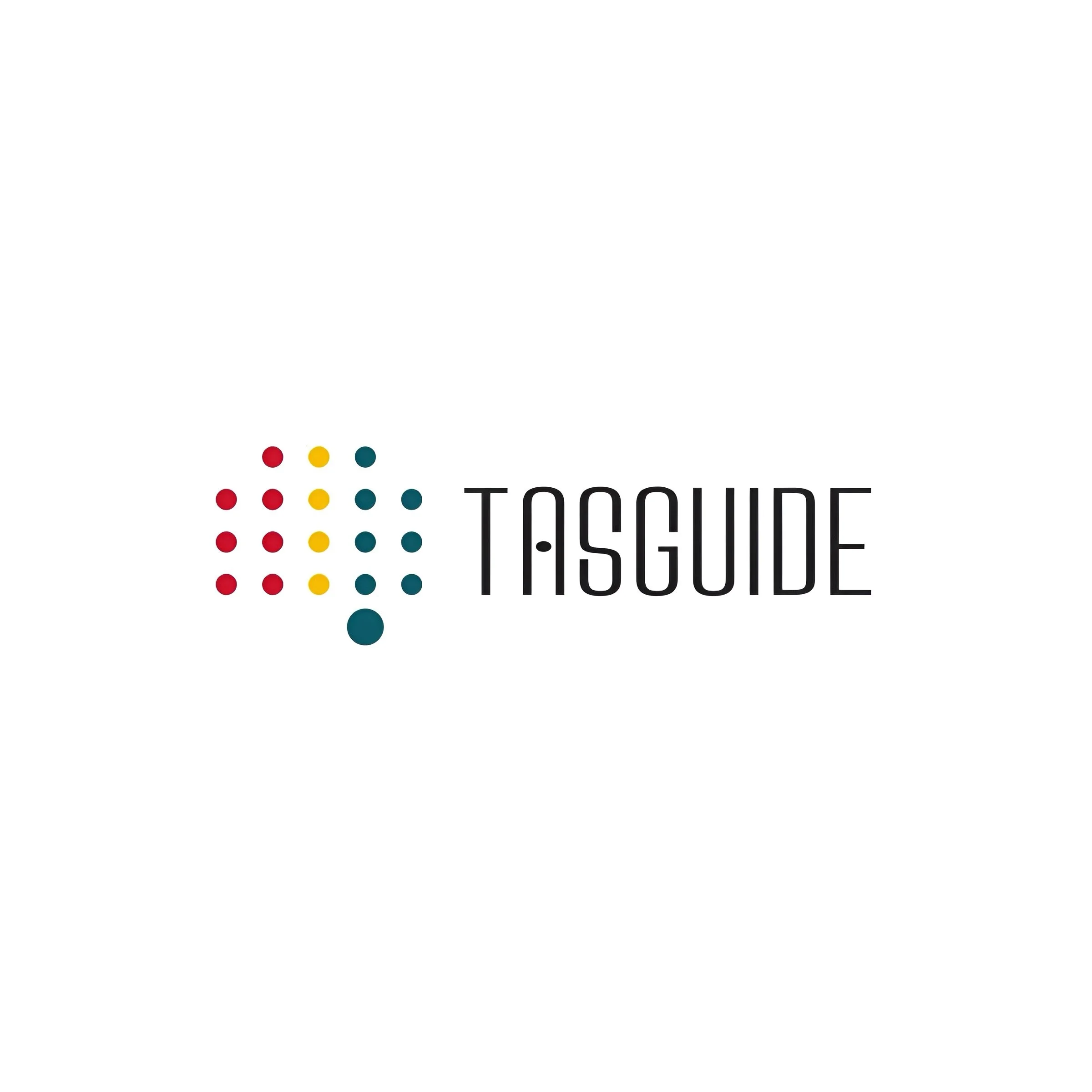 Logo with a pattern of dots in red, yellow, and teal colors next to the word "TASGUIDE" in black, modern font on a white background.