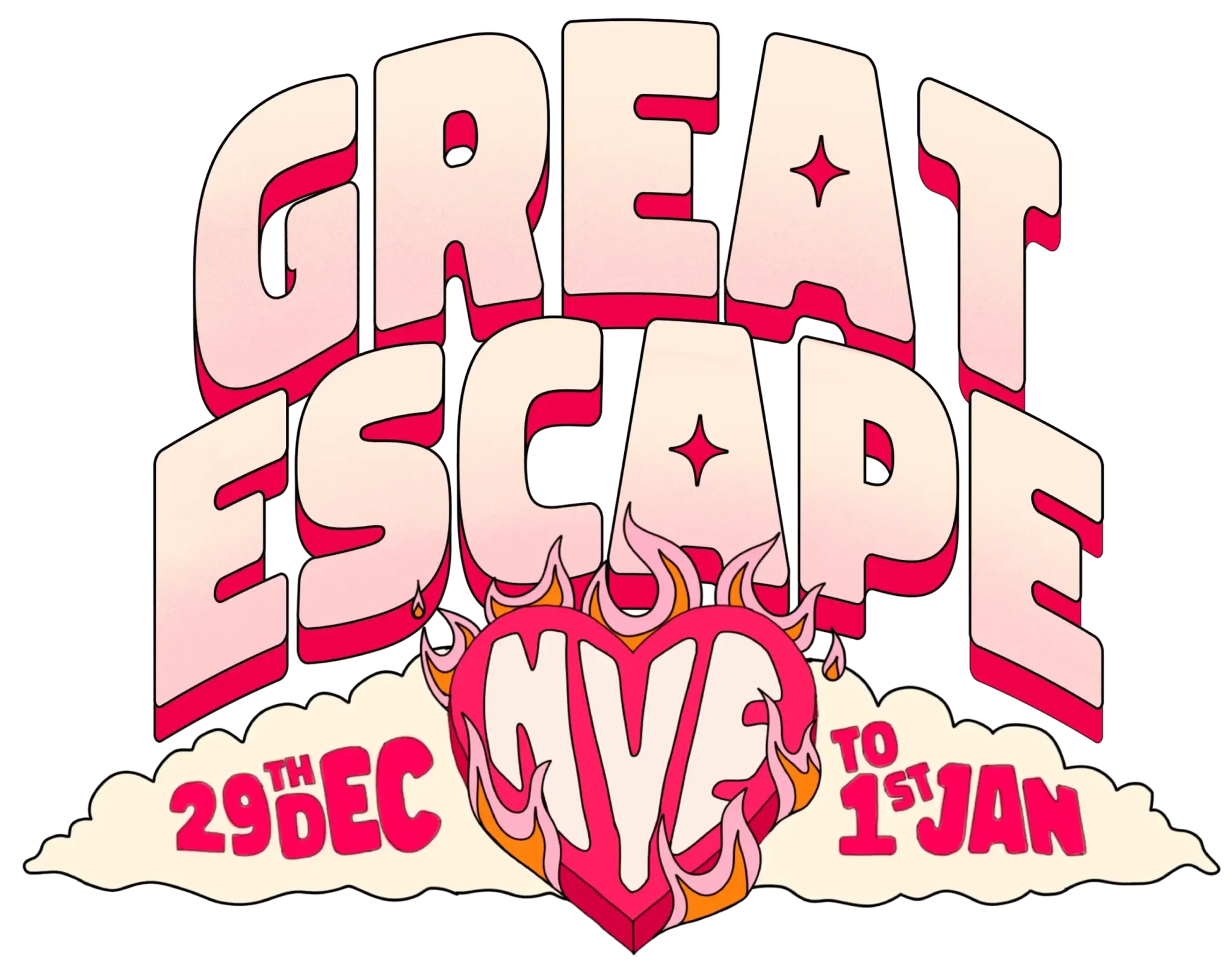 Event poster for Great Escape music festival from December 29th to January 1st. Features stylized pink and cream lettering with flames around a heart-shaped emblem.
