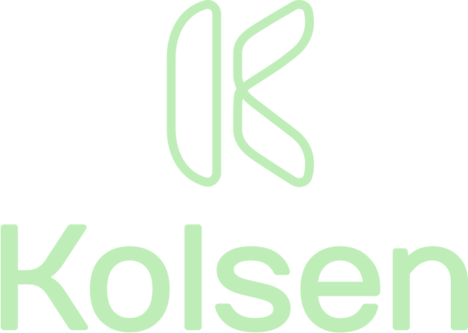 Light green logo featuring a stylized 'K' above the word 'Kolsen' in matching light green font.