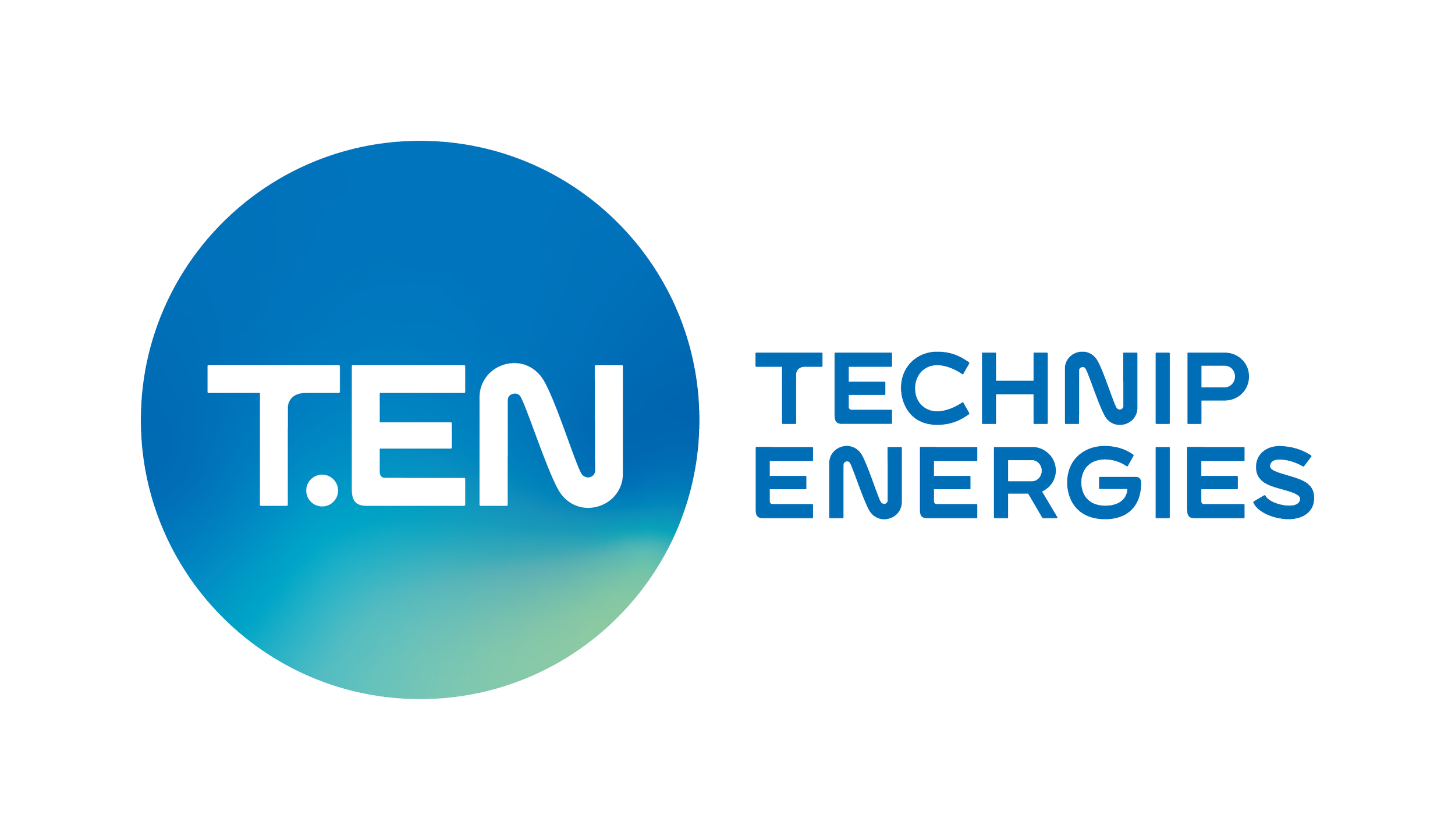 Logo with a large blue circle containing the text 'T.E.N' and the words 'TECHNIP ENERGIES' to the right in blue font