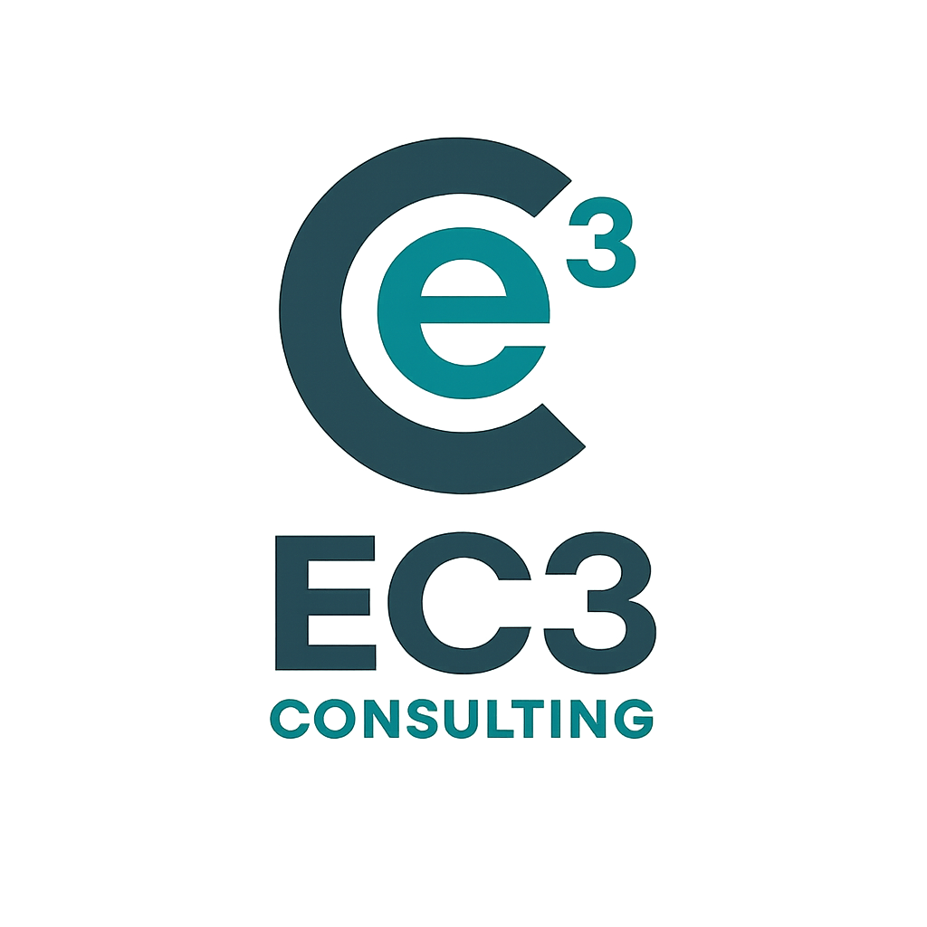 A logo with a large stylized 'E' and the text 'E3' at the top, and 'E3 CONSULTING' at the bottom, on a black background.