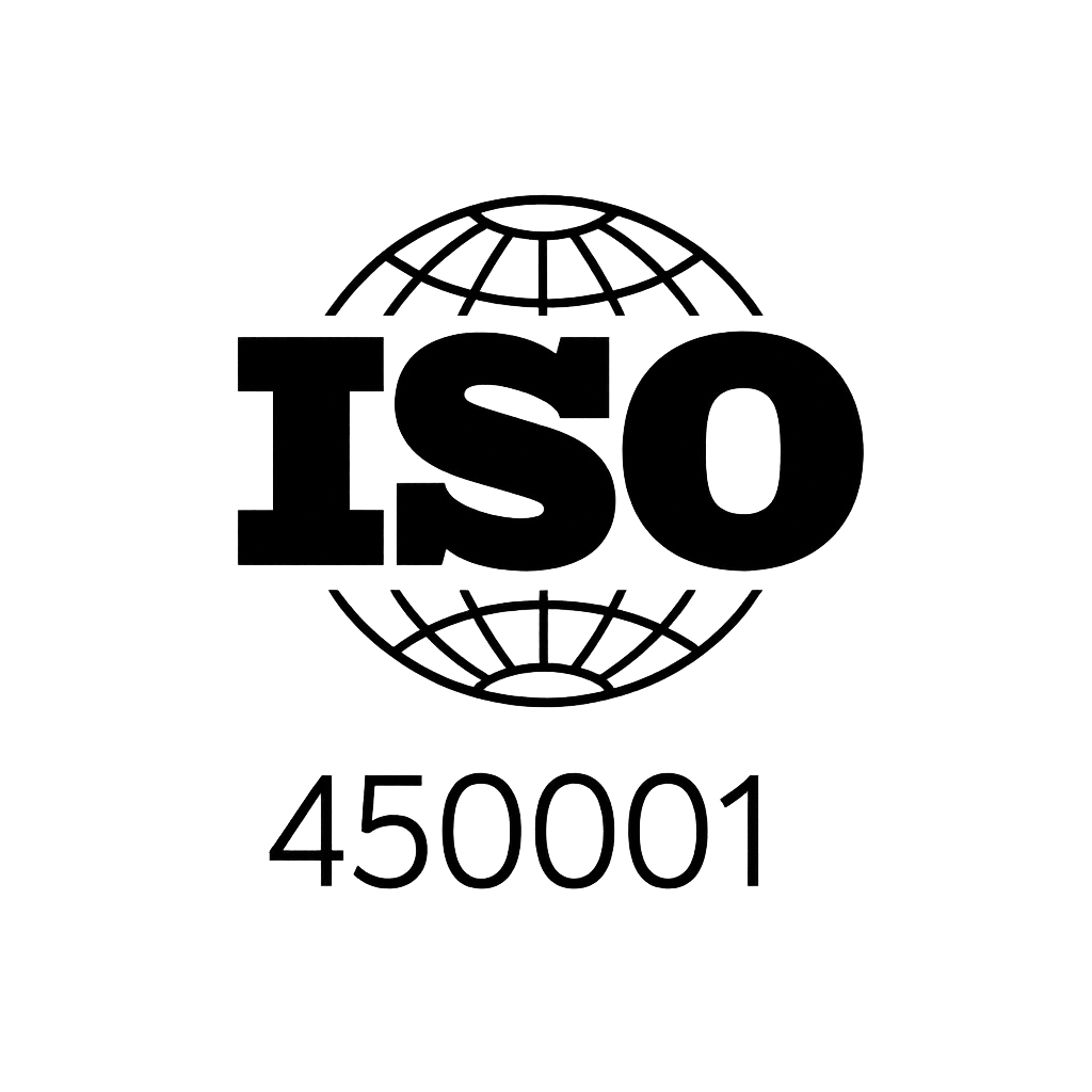 ISO 45001 certification logo with a globe and the text 'I SO' with the certification number 450001.