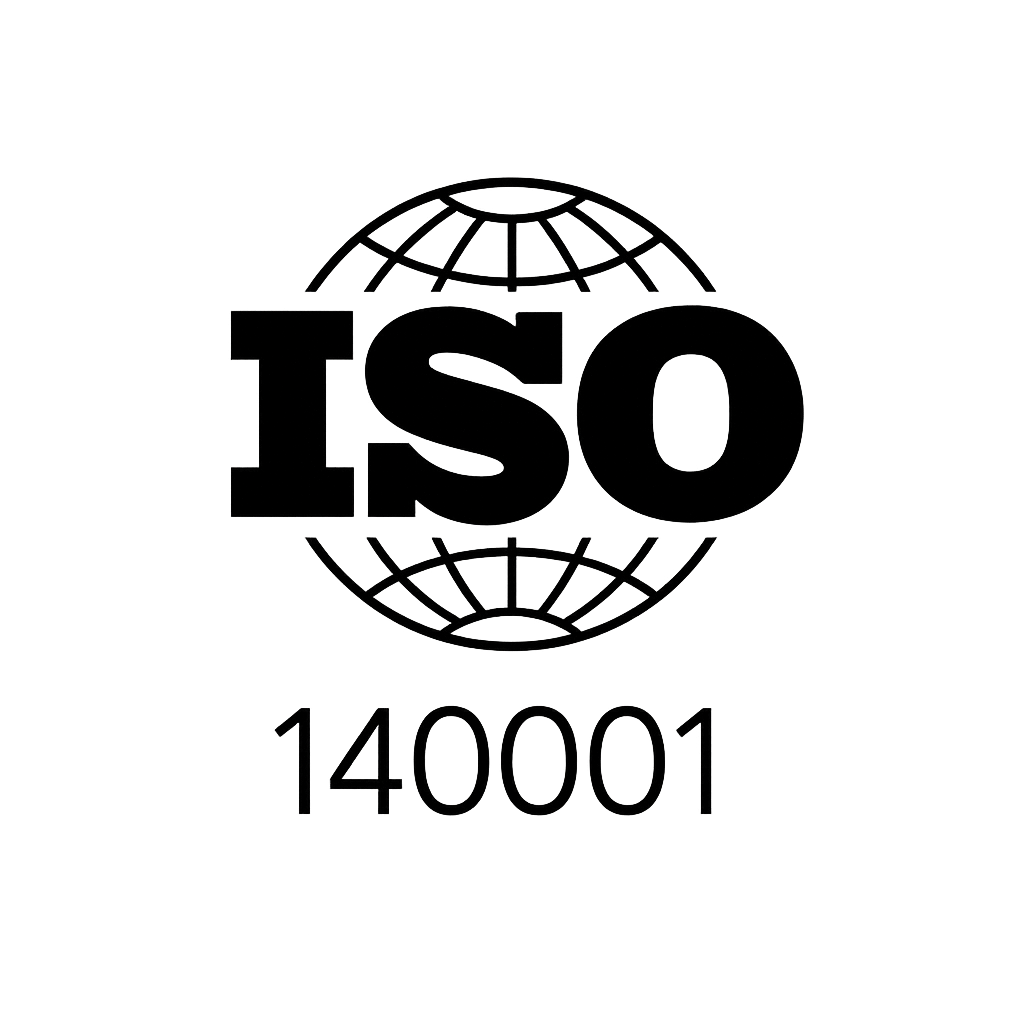 A logo with the text 'ISO' and the number '14001' beneath it. The logo features a stylized globe with longitude and latitude lines.