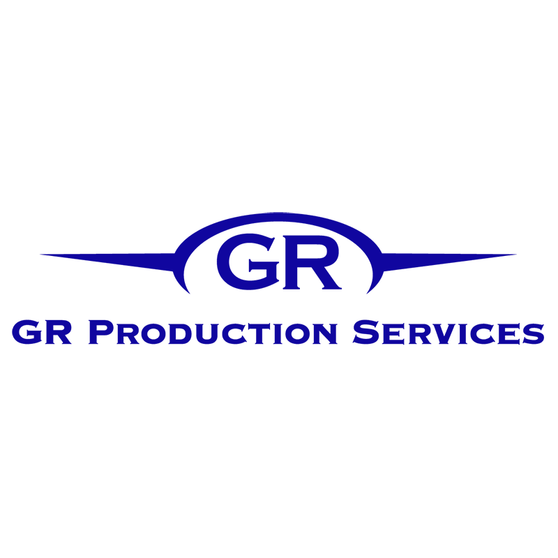 Logo for GR Production Services with a black background, featuring a blue oval with 'GR' inside, and the company name below.