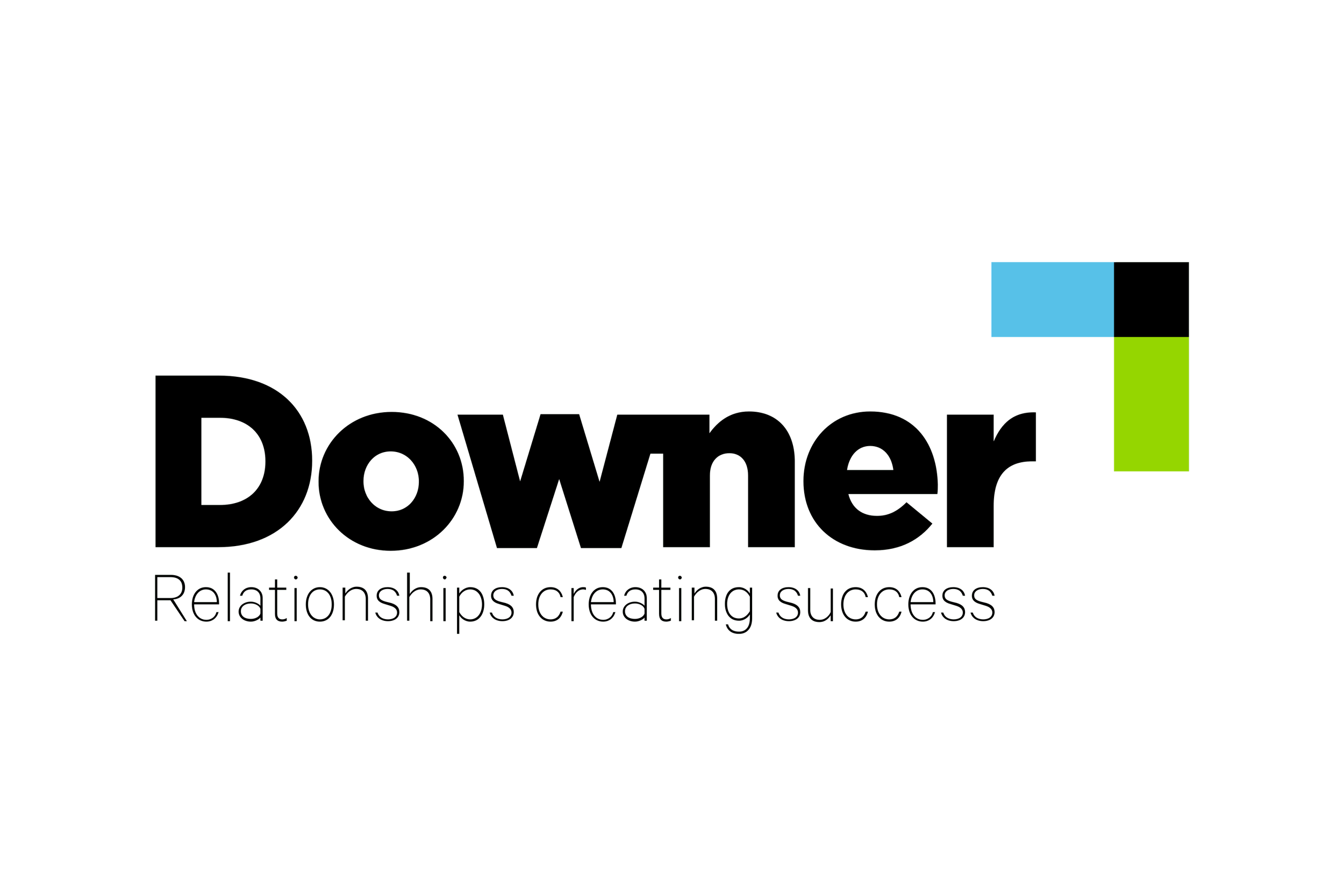 Power logo with the slogan 'Relationships creating success' and two adjacent squares, one blue and one green.