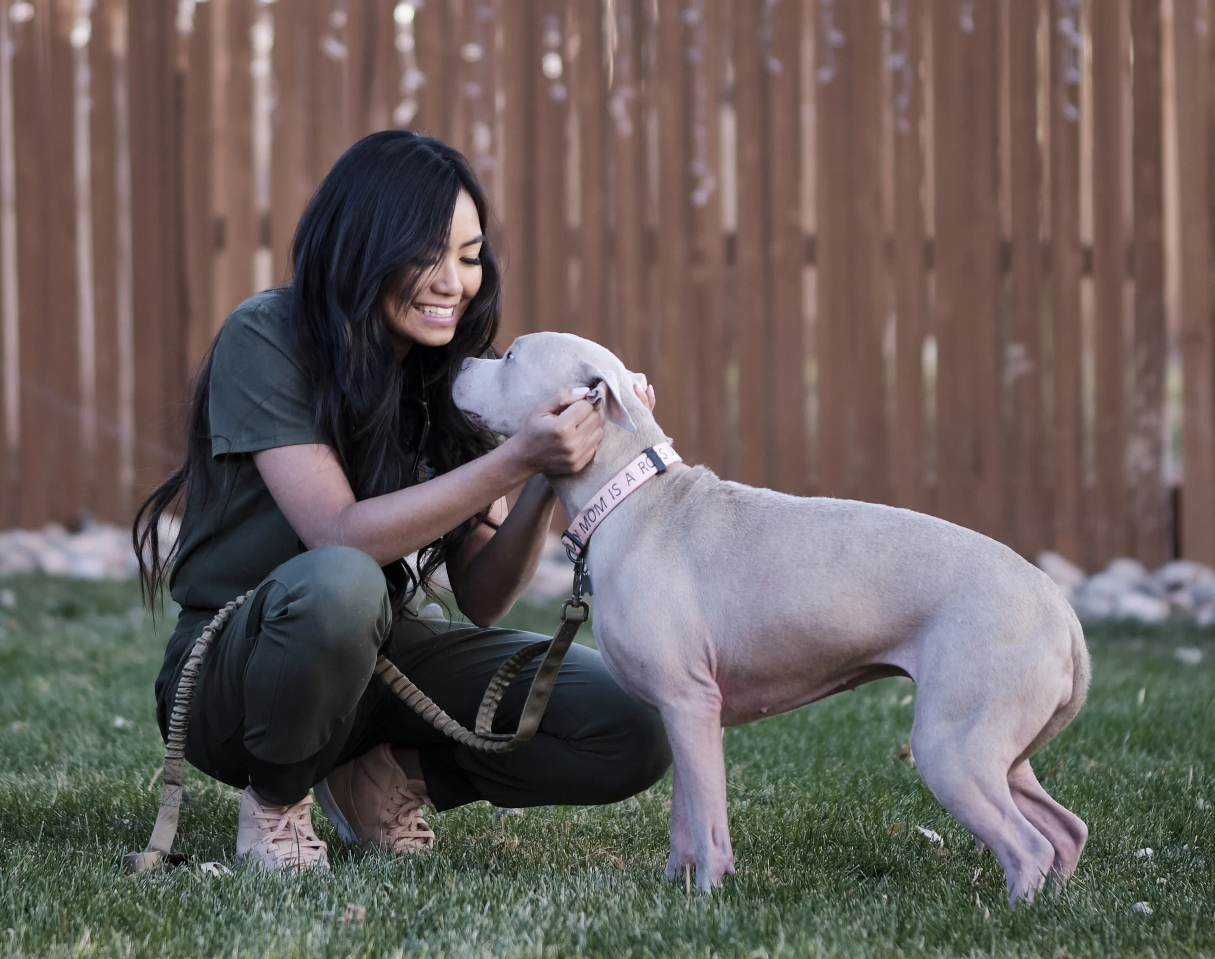Dr. Rahim of Pawlyclinic kneeling to gently connect with a dog during an in-home mobile veterinary visit in Denver