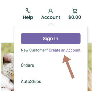 Pawlyclinic online store account login interface with an arrow pointing to “Create an Account” for new pet care customers