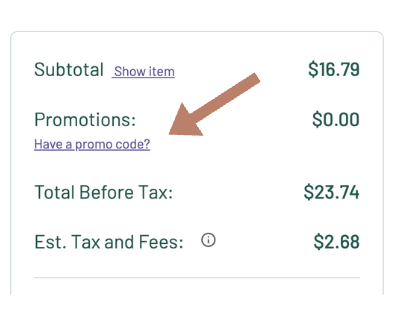 Pawlyclinic online store checkout page highlighting the promotions section with a link to enter a promo code before completing purchase