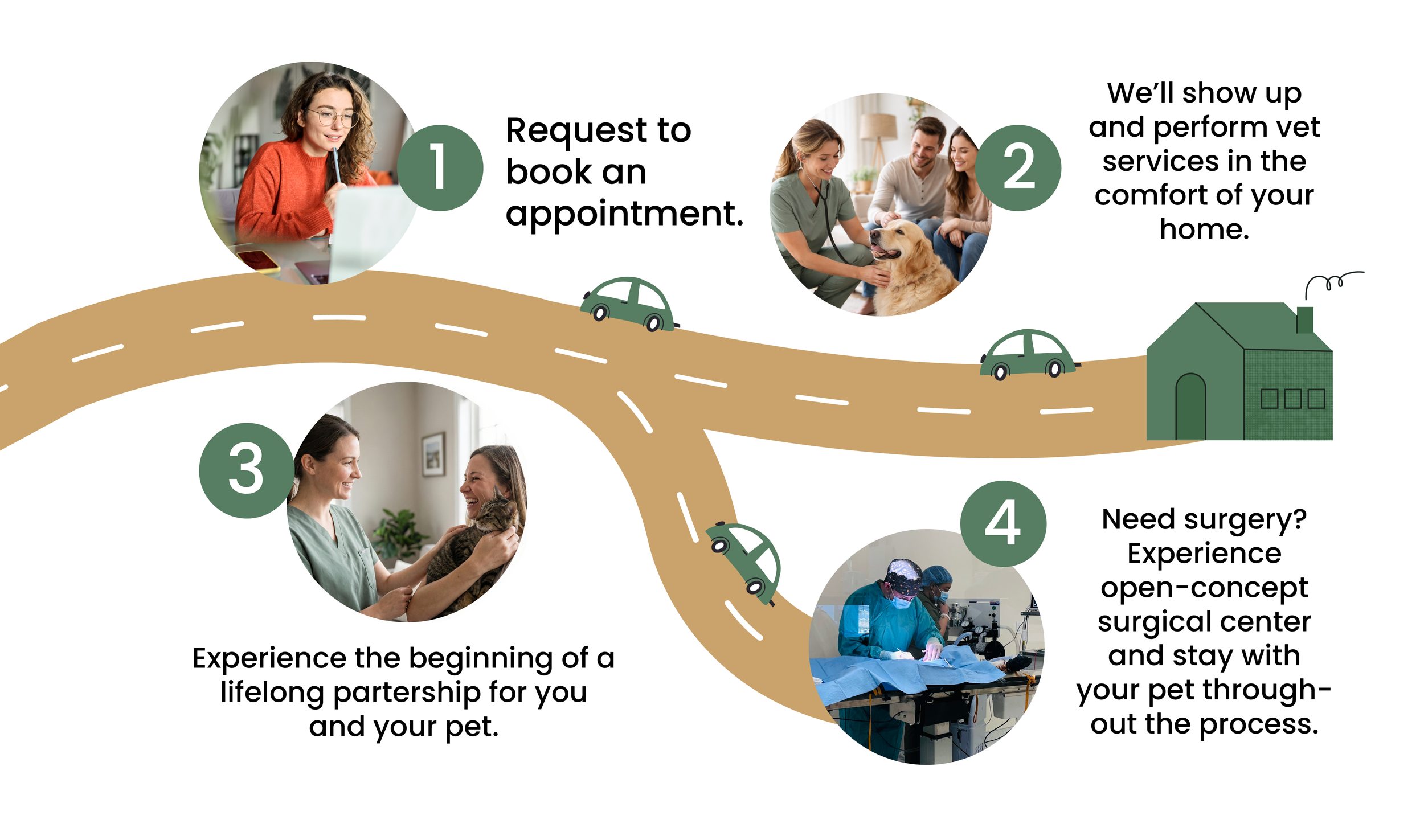 The Pawlyclinic veterinary care process, from booking a mobile vet appointment to in-home care and surgery at their open-concept surgical center in Denver.