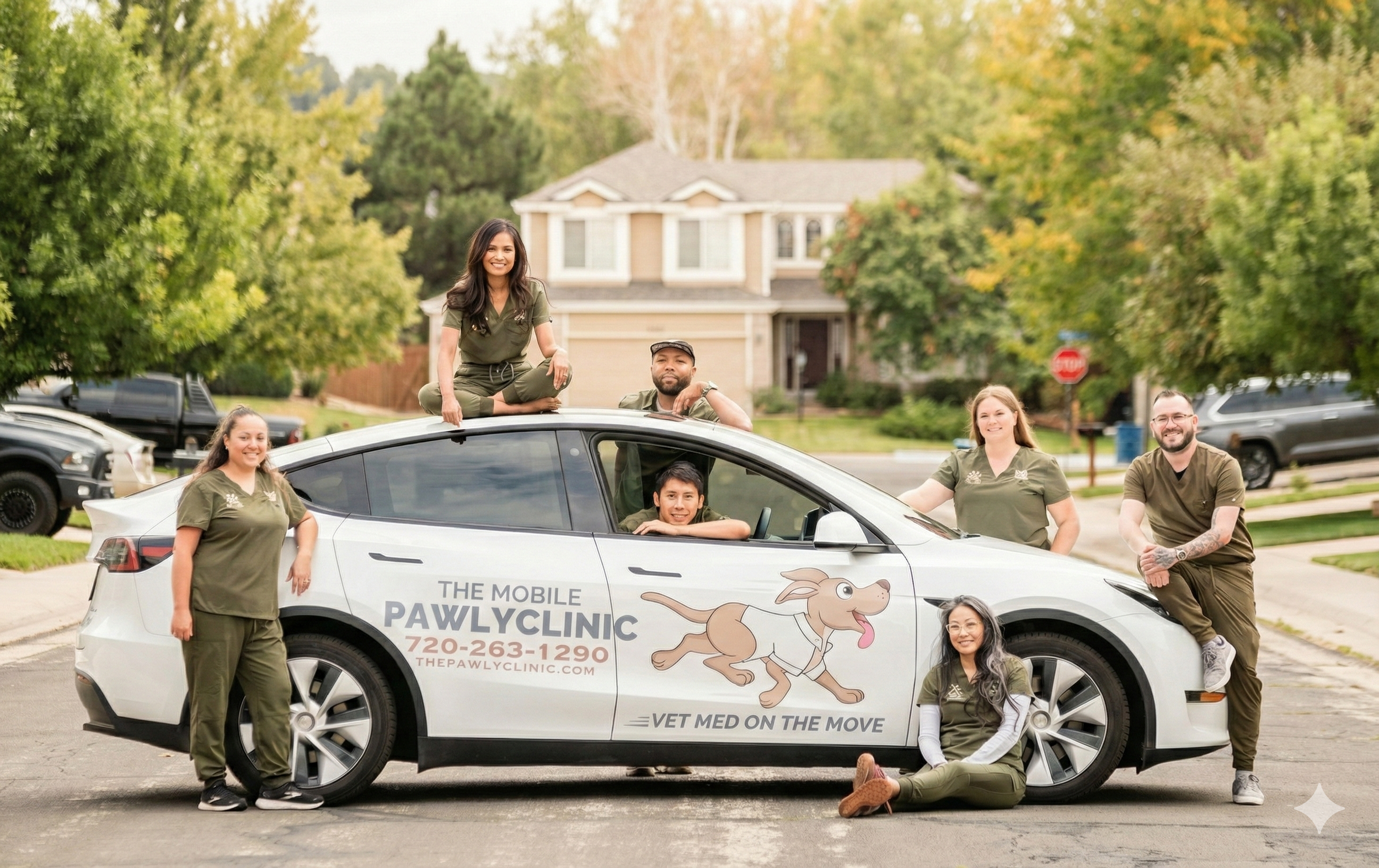 The Pawlyclinic mobile veterinary team in Denver, Colorado, standing with their branded mobile vet vehicle — delivering in-home care to pets across the Denver metro area.