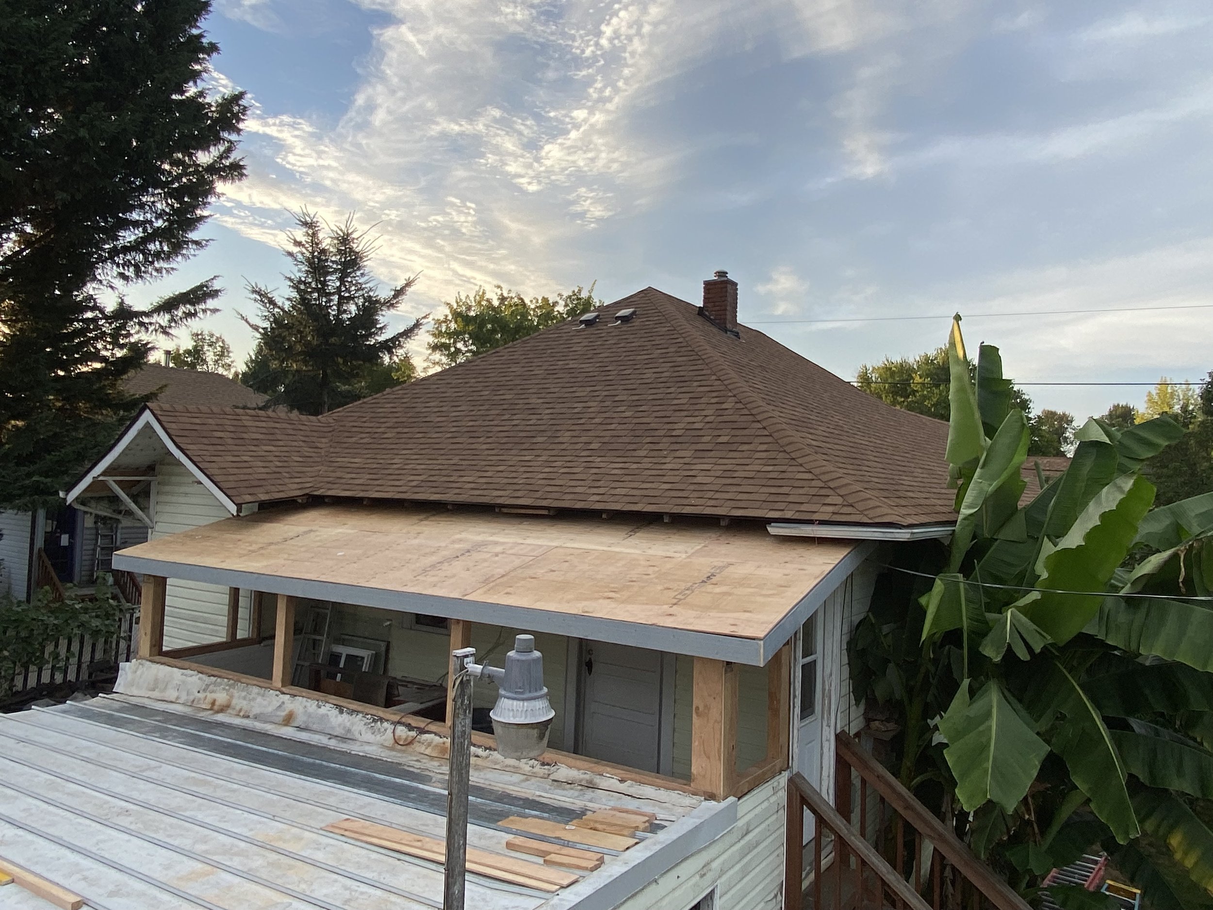 Side view of a house under renovation, with a new roof being installed, featuring a partially completed porch covered with plywood and a pine tree with banana plants nearby.