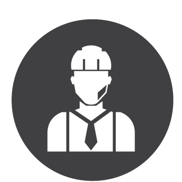 Icon of a person wearing a construction helmet, tie, and professional attire, with a face mask.