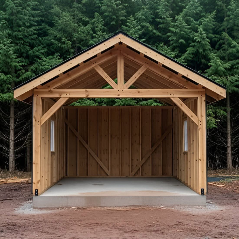 Unfinished wooden storage shed with a pitched roof, located outdoors on a concrete slab, surrounded by dirt and trees.