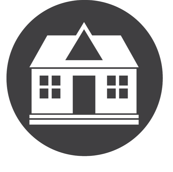 Icon of a house with four windows and a central door, on a circular dark background.
