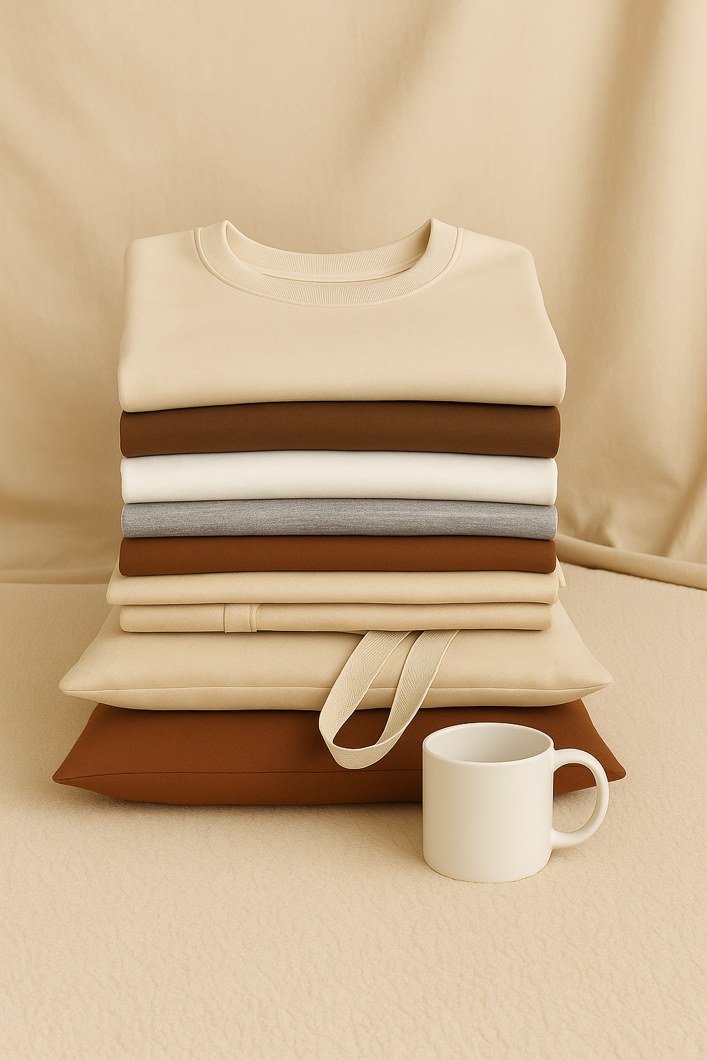 Stacked neutral sweaters with ceramic mug on warm-toned backdrop.