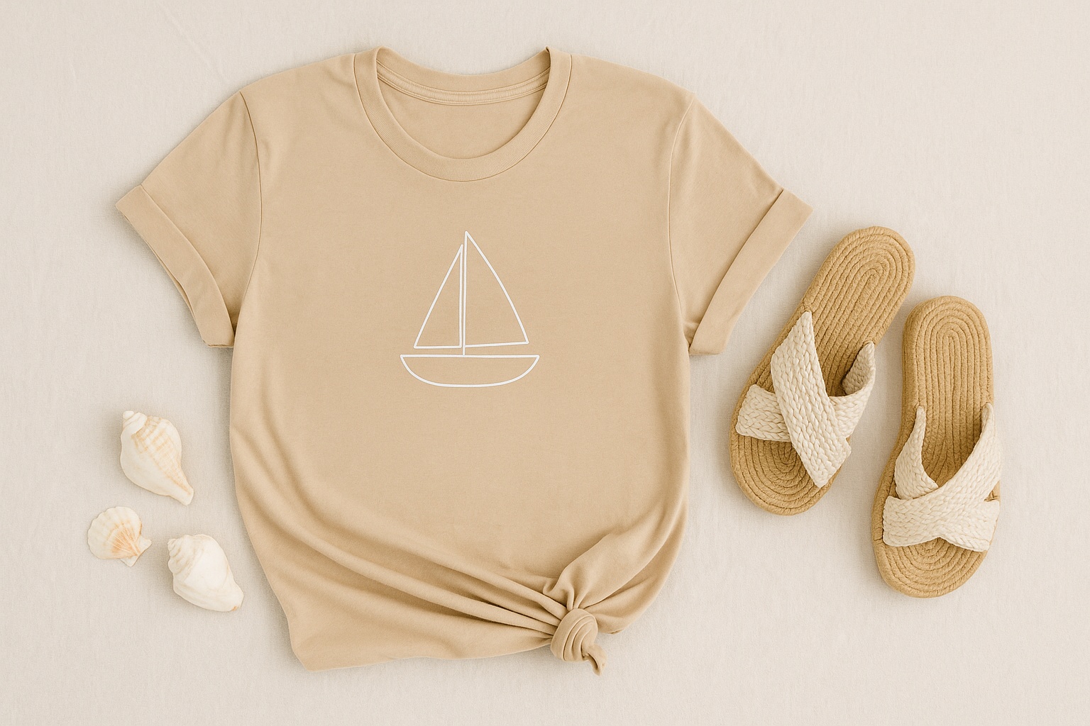 Beige summer t-shirt with sailboat design styled with sandals and seashells.