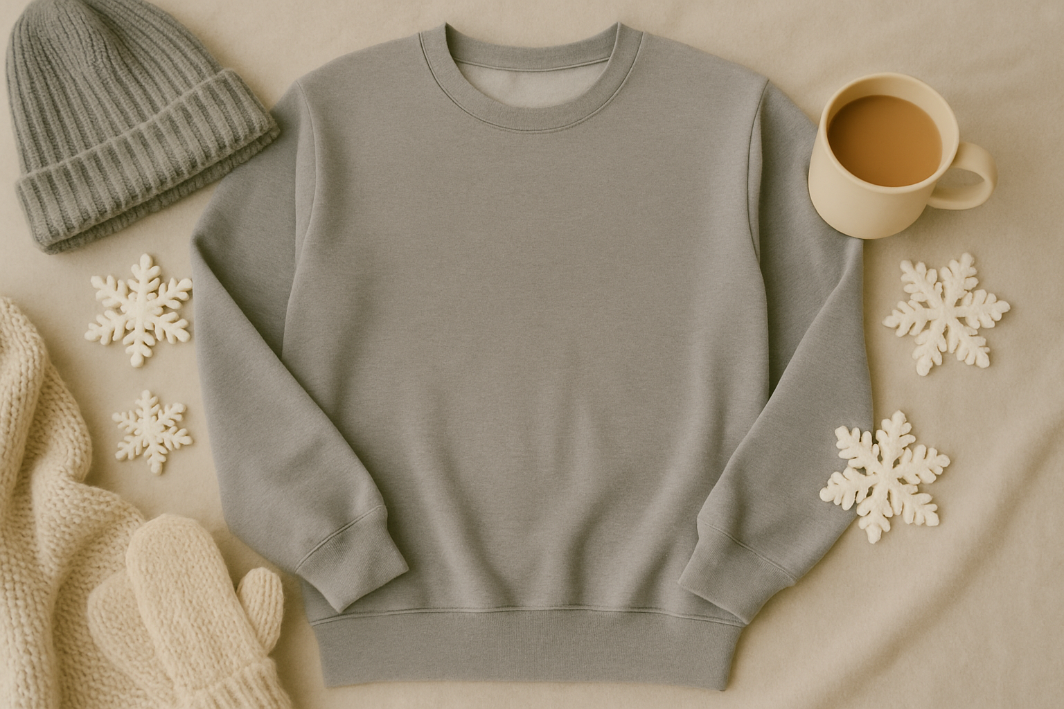 Gray winter sweatshirt with knit hat, mittens, snowflakes, and warm drink.