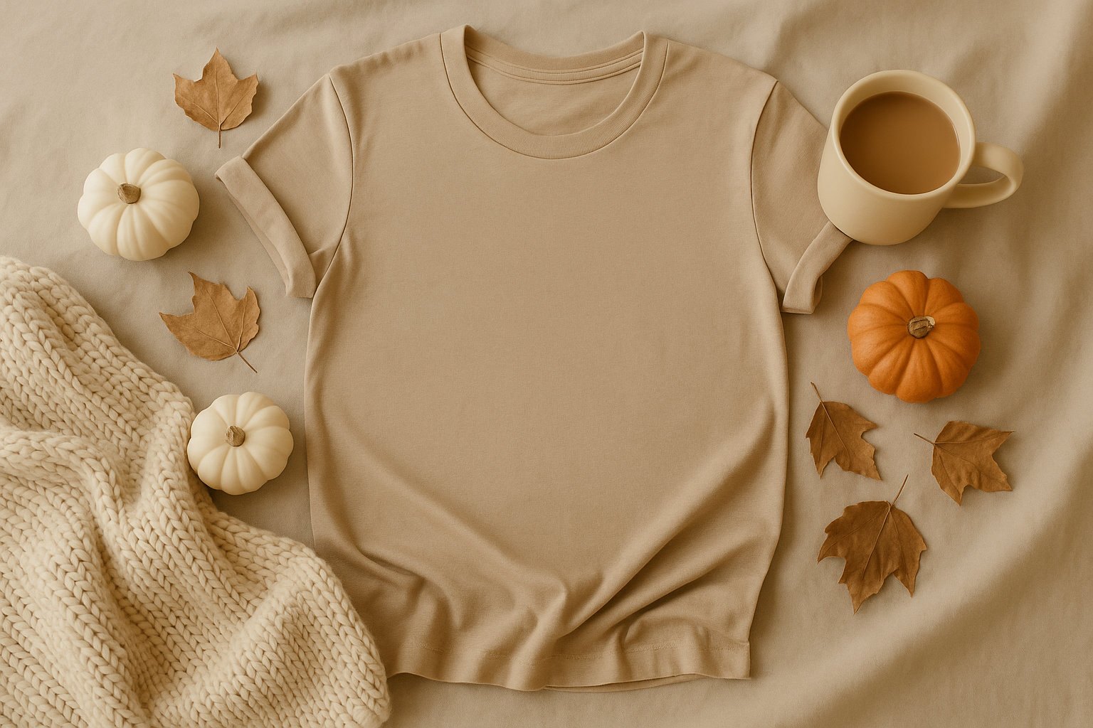 Neutral fall t-shirt with pumpkins, leaves, blanket, and warm coffee mug.