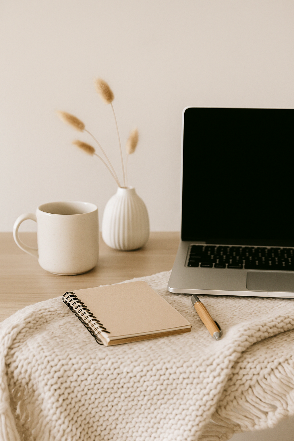 Cozy workspace with laptop, ceramic mug, notebook, and knit blanket.