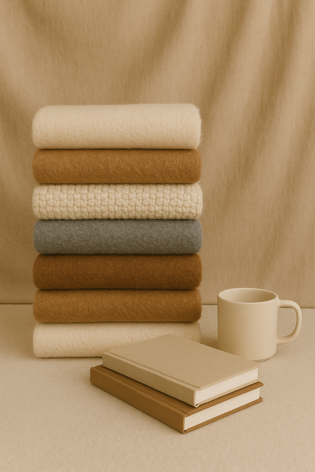 Folded neutral blankets styled for boutique-ready home decor.
