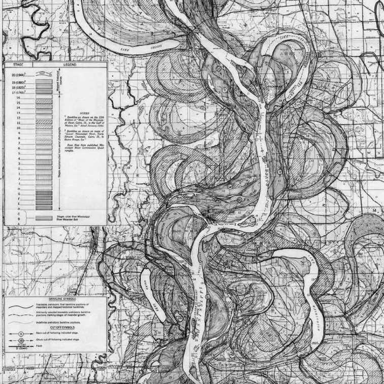 Topographic map showing river and terrain contours, with a legend and key for elevation and features.