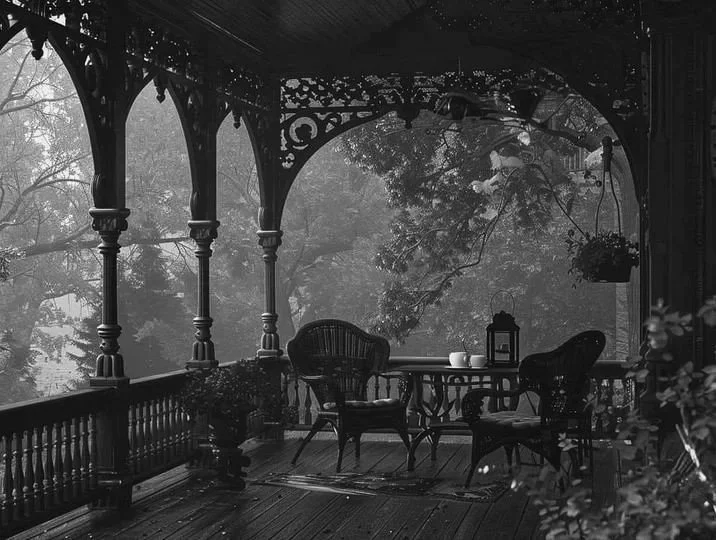 A black-and-white photo of a cozy porch with ornate wood railing, a round table surrounded by three chairs, a hanging flower basket, and decorative architecture, overlooking trees in the background.