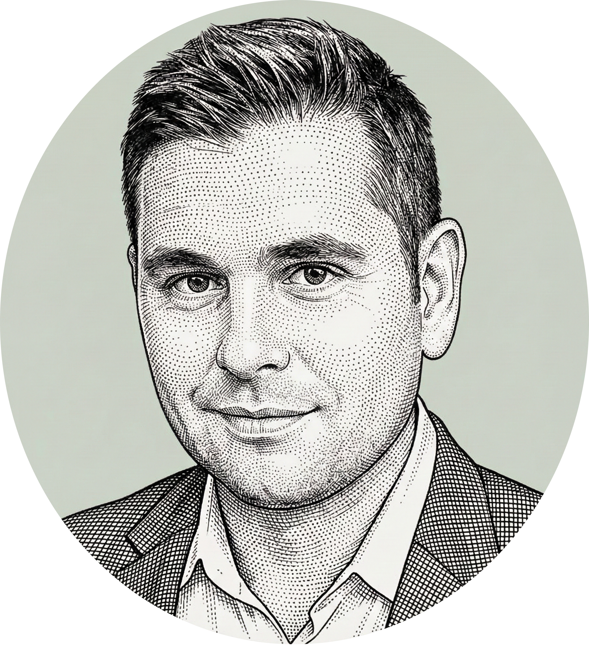 A stylized headshot illustration of Vlad Tkach