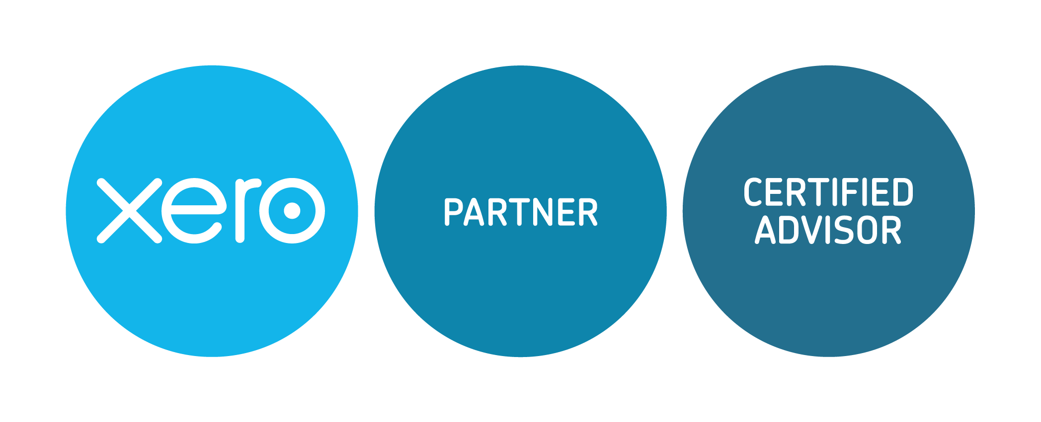 Xero logo, Partner, Certified Advisor circles in blue, white text