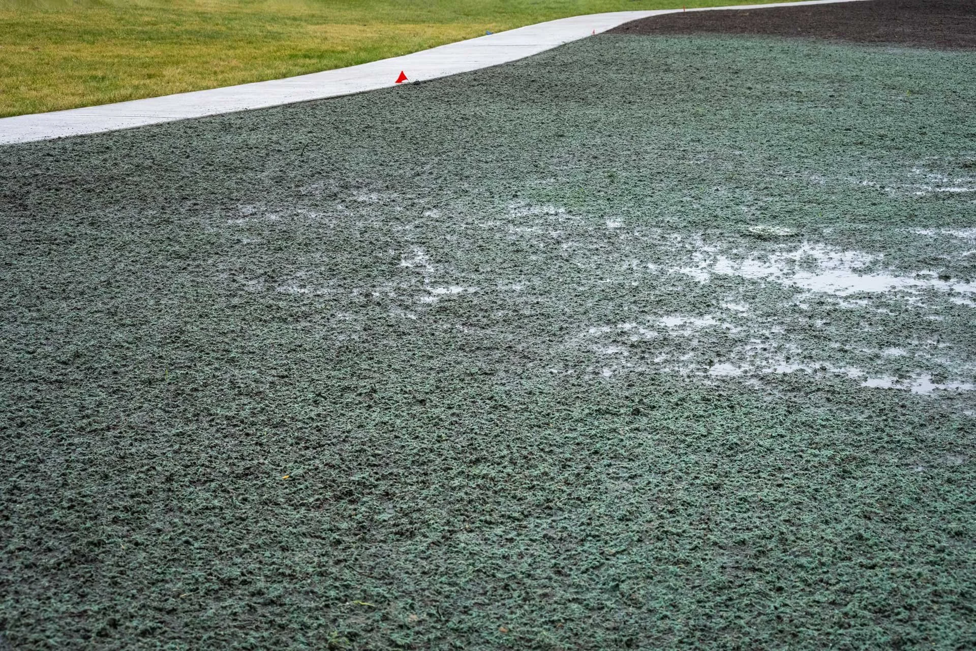 A running track with a textured green surface, water puddles, a white border, and a grassy area alongside.