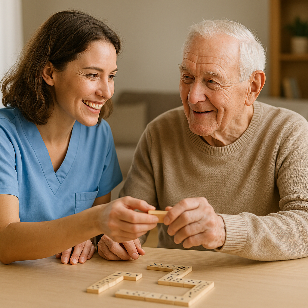 A caregiver and an elderly man playing dominoes together, smiling and enjoying their time.