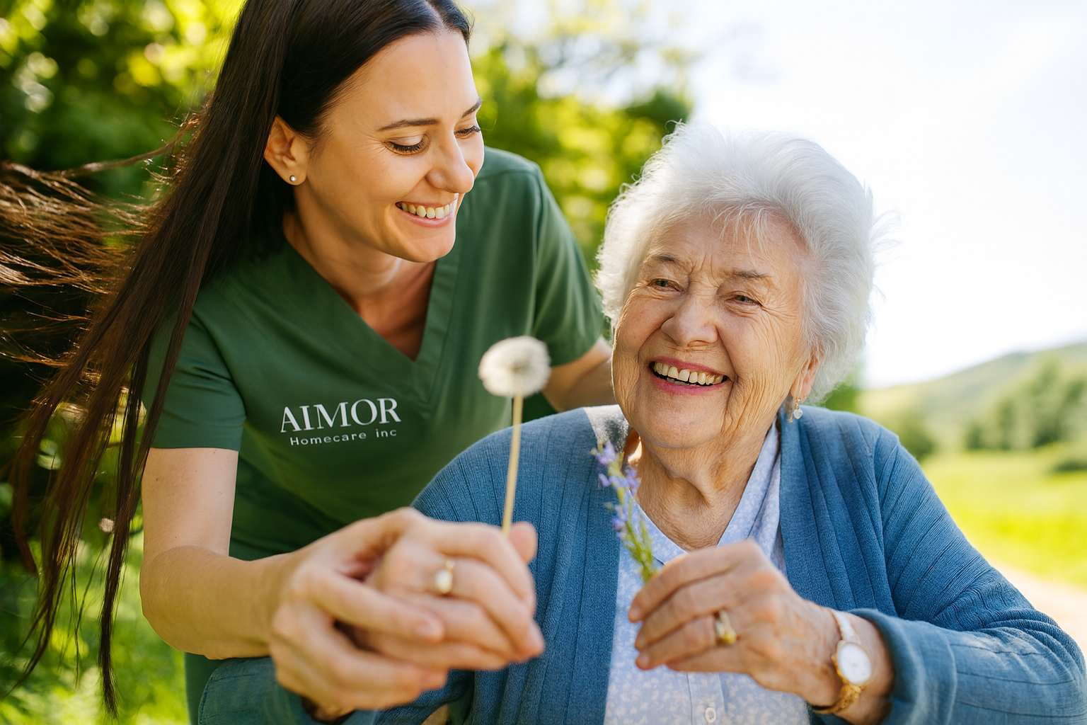 A young woman caregiver and an elderly woman enjoy time outdoors on a sunny day, holding and smelling flowers and smiling at each other.
