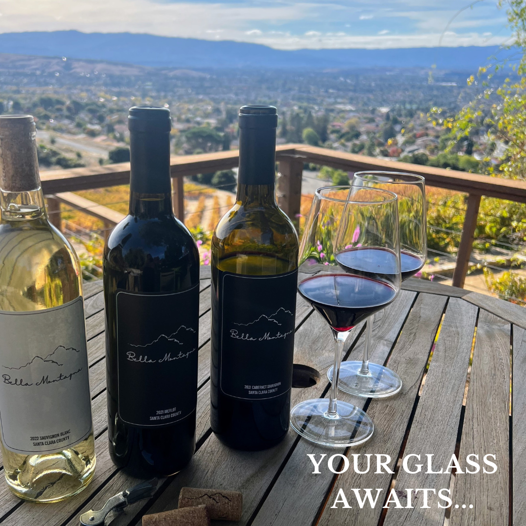 Wine bottles with glasses on a table with vines in background