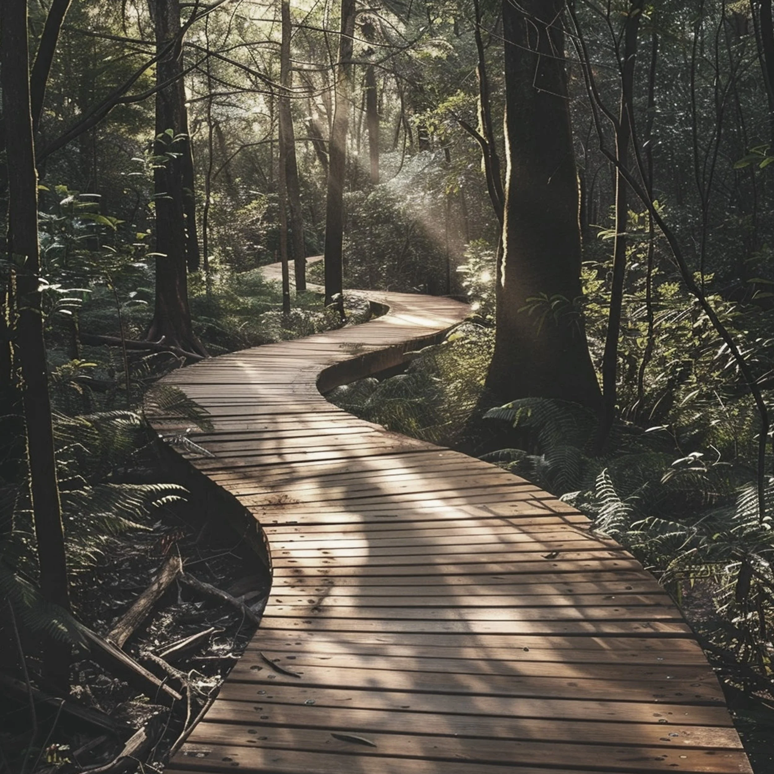 A winding wooden path through a dense forest with sunlight filtering through trees.