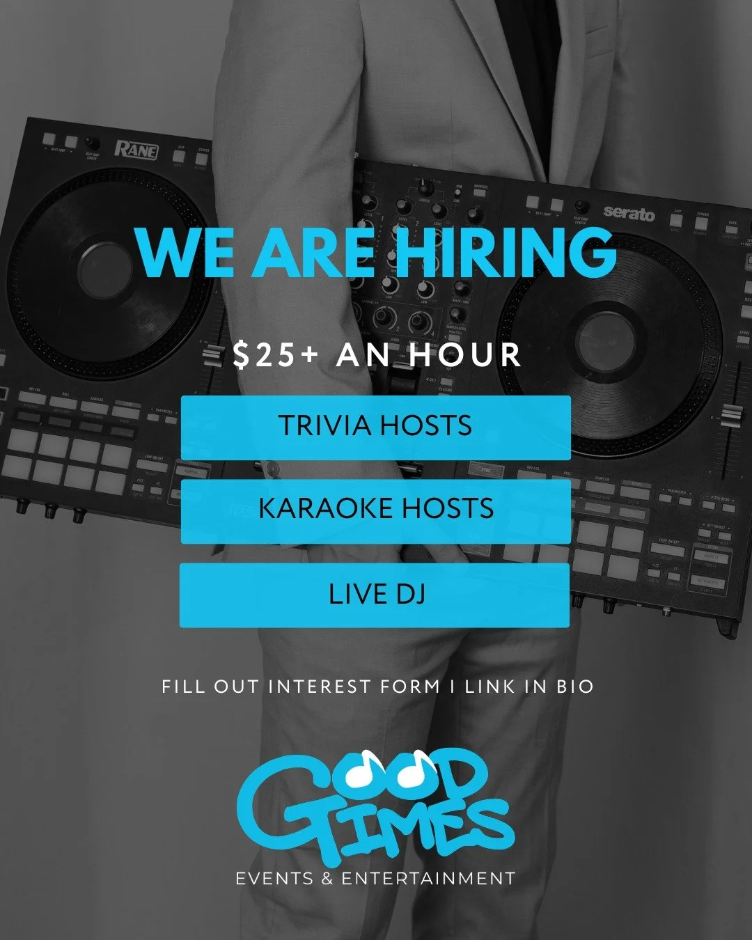 We&rsquo;re growing and looking for a few great entertainers to join our team in Sioux Falls!

Now hiring:
&bull; Live DJs
&bull; Karaoke Hosts
&bull; Trivia Hosts
&bull; DJ Assistants

If you love being in front of a crowd and bringing energy to eve