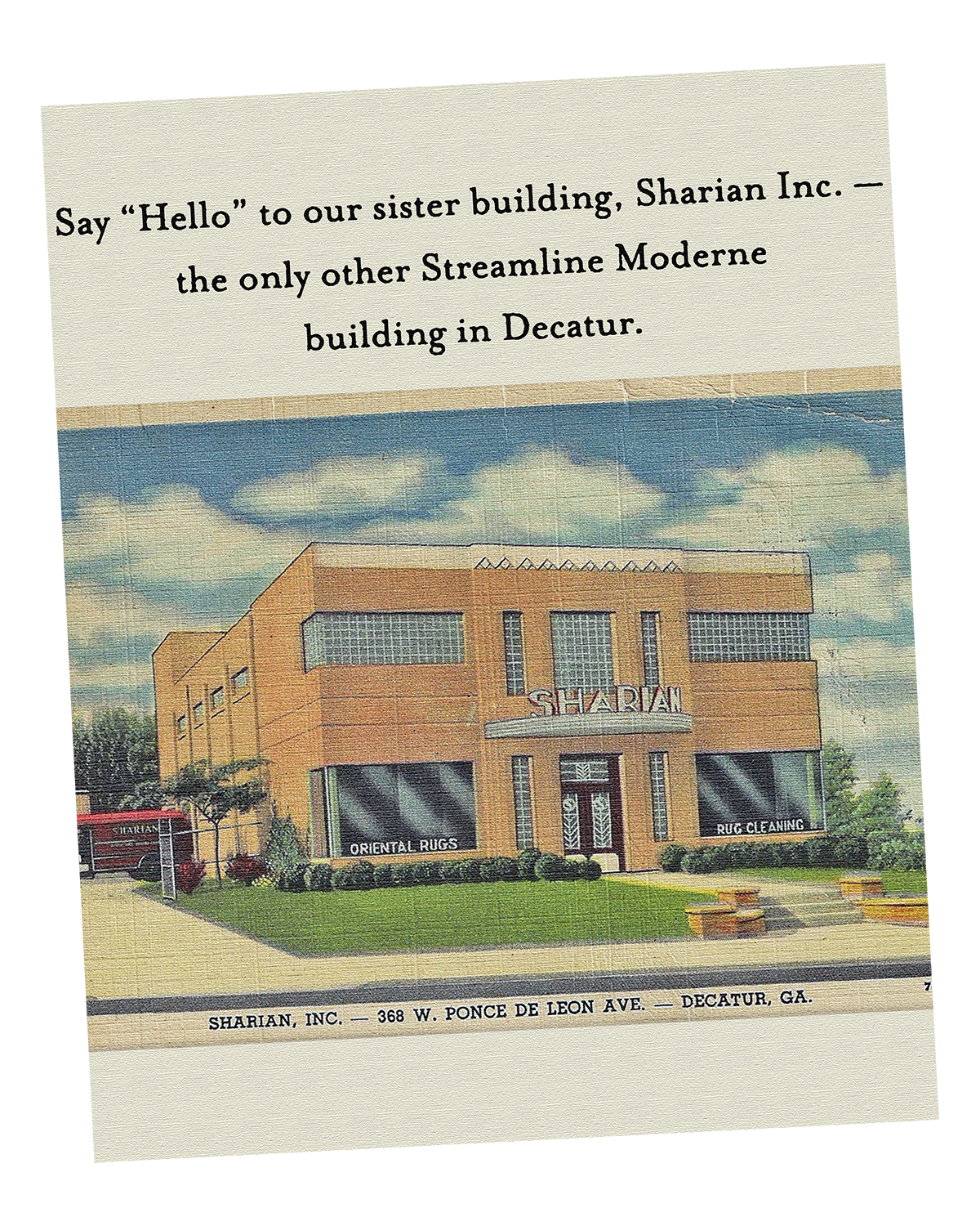 Old illustrated advertisement for Sharian Inc. showing a modern, streamlined building on W. Ponce De Leon Ave in Decatur, Georgia, with signs for oriental rugs and rug cleaning, and a red truck nearby.
