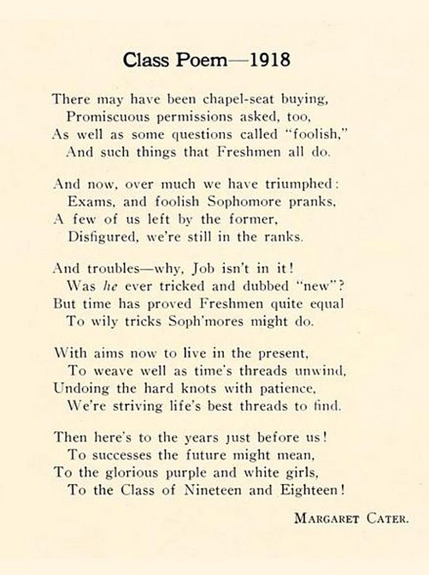 A typed poem titled 'Class Poem—1918' by Margaret Cater, reflecting on high school experiences and looking forward to the future, celebrating the class of 1918.