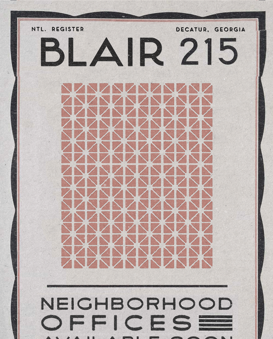 Blair 215 neighborhood address label from Decatur, Georgia, with a grid pattern background and bold text.