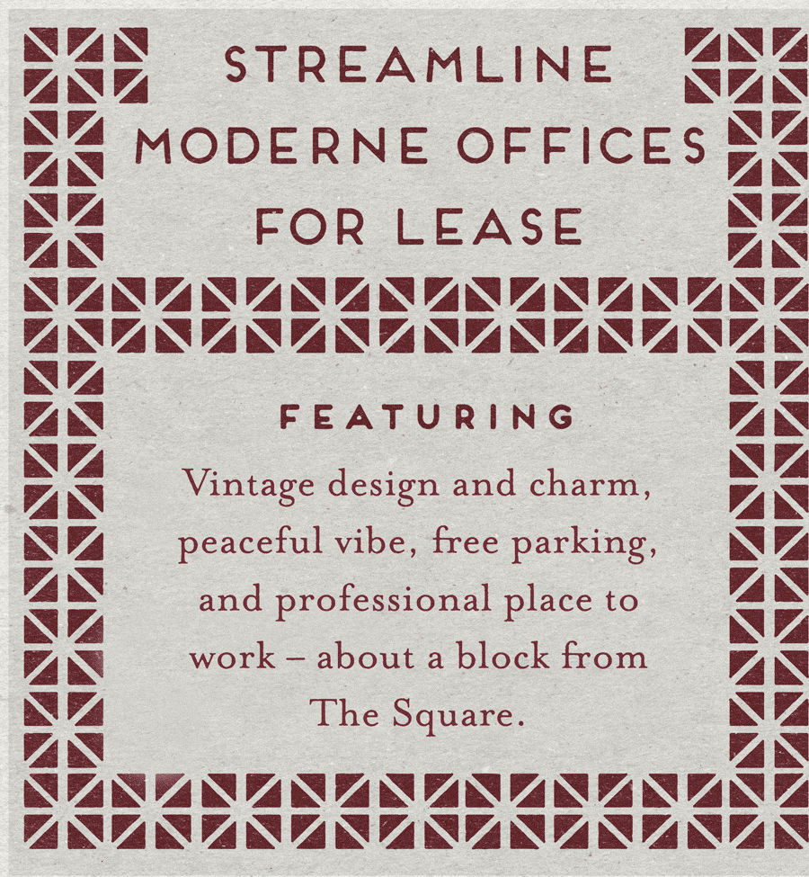 A vintage-style advertisement for lease listings at Streamline Moderne Offices, featuring dark maroon geometric borders and text on a light gray background.