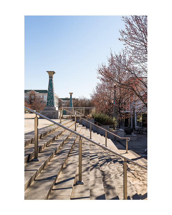 Stone staircase with metal handrails leading up to decorative columns, with leafless trees and a clear blue sky in the background.