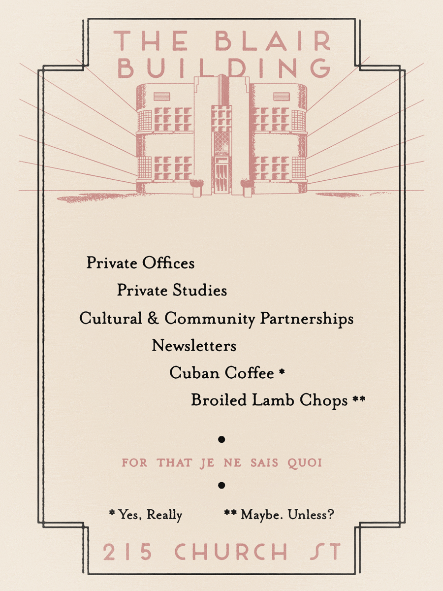 Advertisement for The Blair Building at 215 Church Street, featuring an illustrated building at the top, with offerings including private offices, private studies, cultural and community partnerships, newsletters, Cuban coffee, and broiled lamb chops