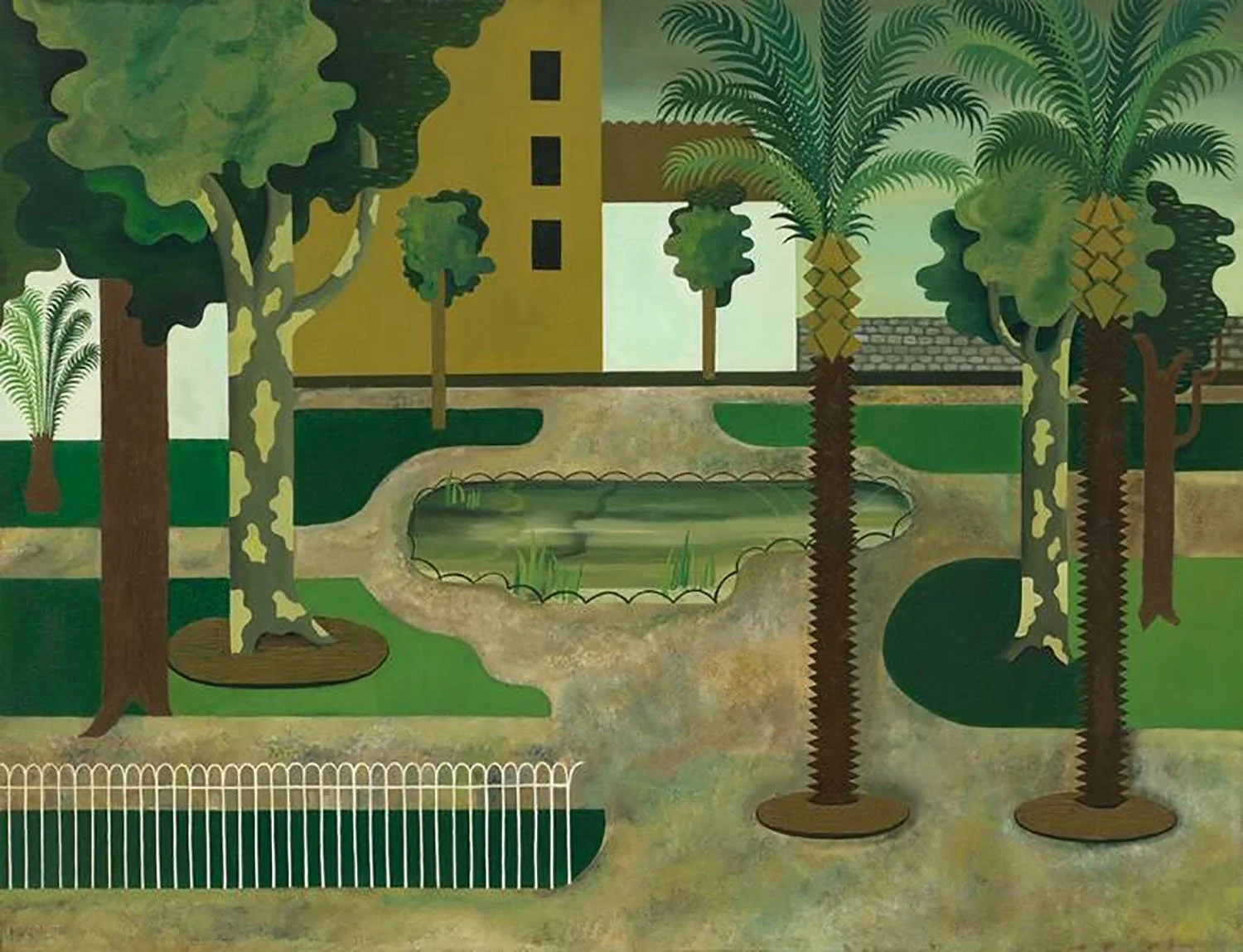 A stylized, abstract painting of a park scene with various trees, a small pond, a pathway, a yellow building in the background, and a white fence in the foreground.