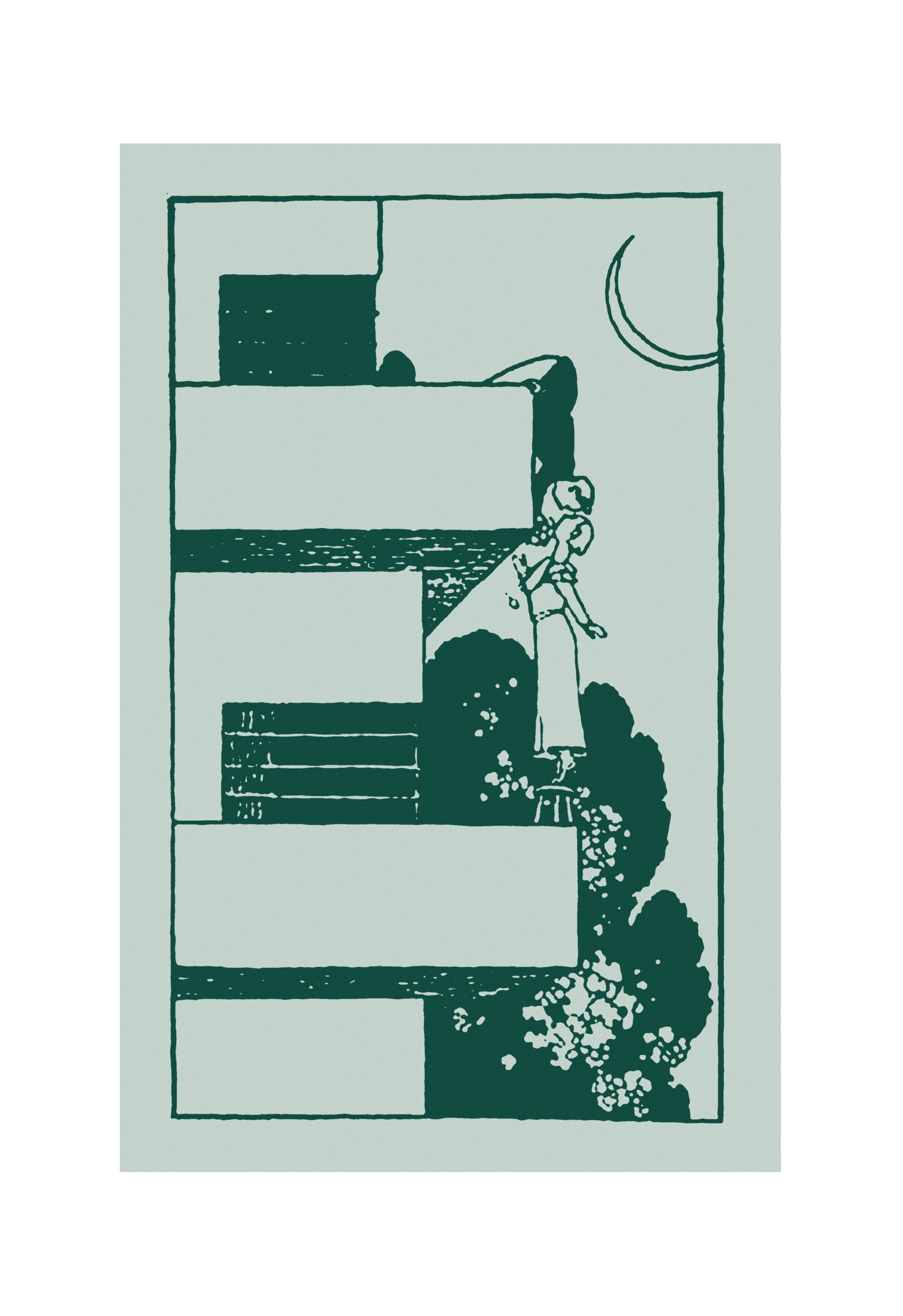 A black and white line drawing of an outdoor scene at night showing a woman with curly hair and a long dress standing next to a large umbrella, with bushes and flowers along the sidewalk. A crescent moon is visible in the sky.