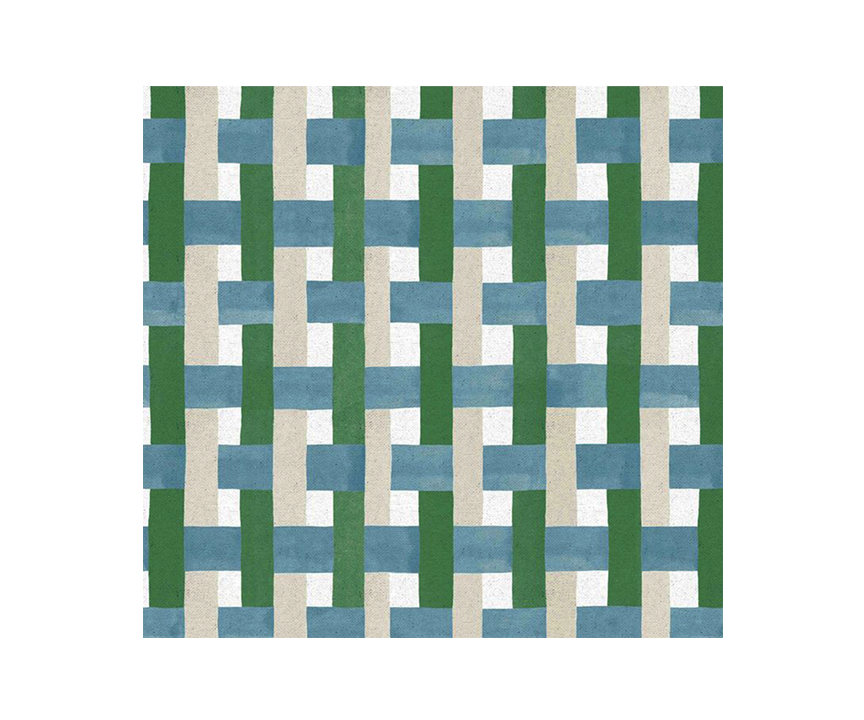 A woven fabric pattern with interlaced green, blue, and white strips creating a checkerboard design.